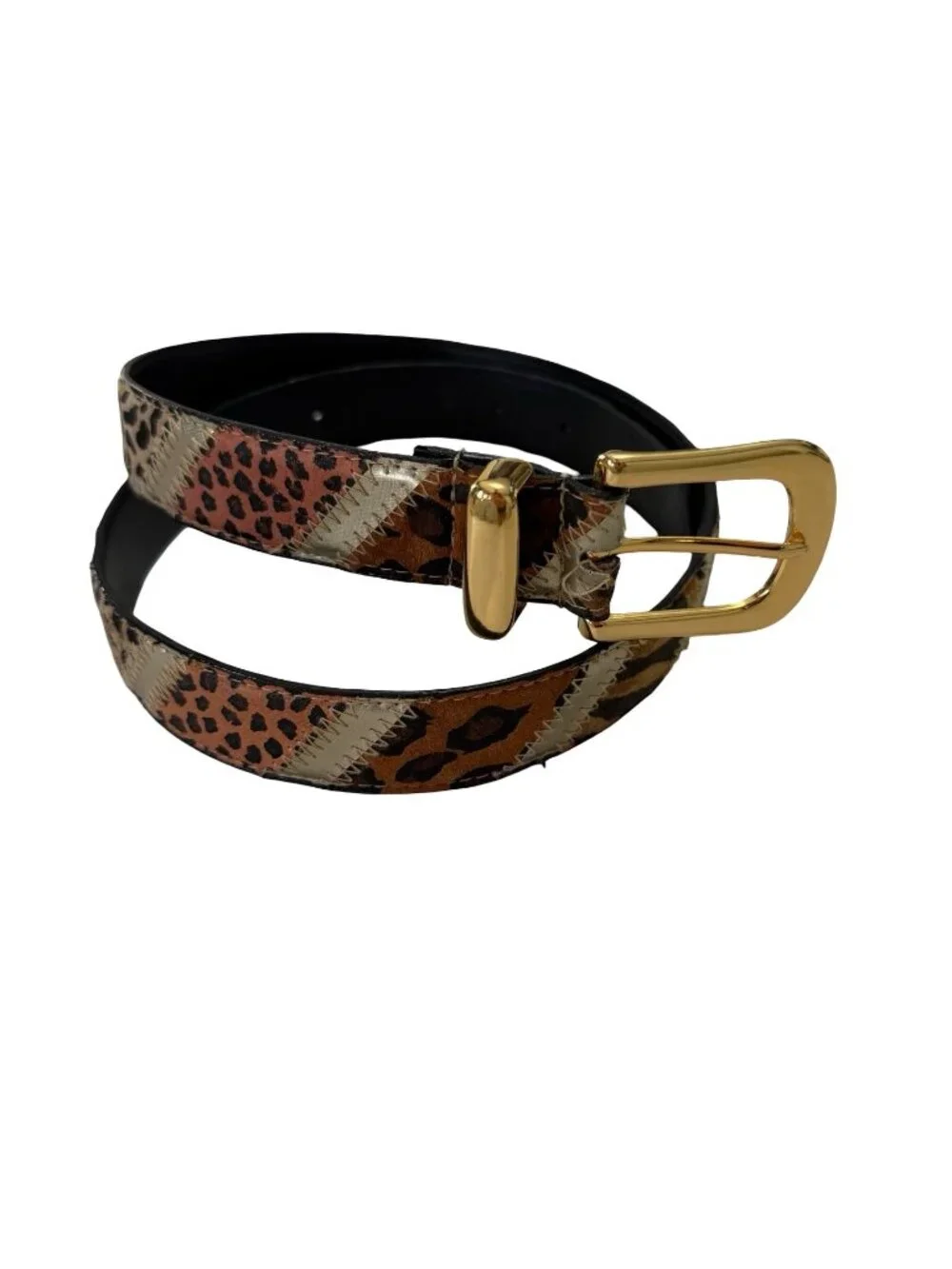 Y2K Genuine Leather Animal Print Patchwork Belt Gold Buckle M/L 31.5